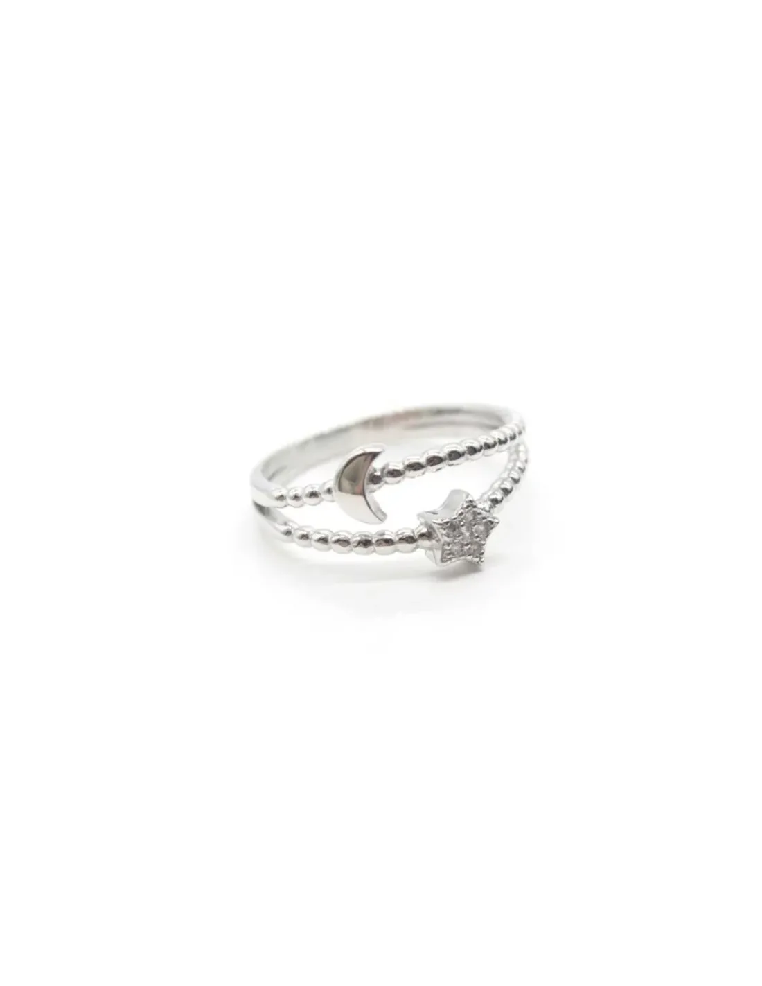 Clearance Anillo bolitas estrella circonitas y luna lisa Plata 925 rodio Anillos De Plata|Anillos