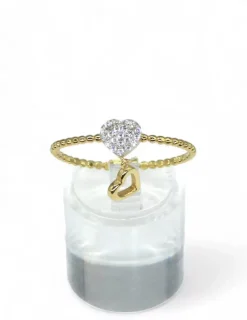 Clearance Anillo con corazón circonitas y corazón colgando oro 18k -T.24 Anillos De Oro|Anillos