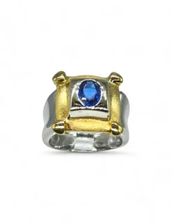 Outlet Anillo con piedra azul oval oro bicolor 18k - T.19 Anillos De Oro|Anillos