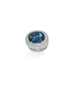 Discount Anillo piedra oval azul y circonitas oro bicolor 18k - T.13 Anillos De Oro Blanco|Anillos De Oro