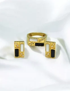 Hot Anillo rectangular piedra negra y blanca con circonitas oro 18k - T.13 Anillos De Oro|Anillos