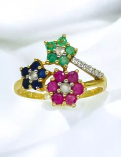 Discount Anillo tres flores circonitas de colores y puntas de diamante oro 18k - T.19 Anillos Con Brillantes|Anillos De Oro