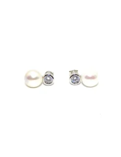 New Pendientes con perla y circonita chatón plata rodiada Pendientes De Plata