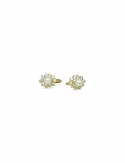 Clearance Pendientes flor circonitas perla central 18k Pendientes De Oro