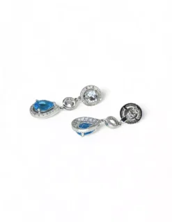 Outlet Pendientes largos oro blanco circonitas y piedra azul 18k Pendientes De Oro