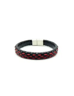 Flash Sale Pulsera trenzada piel negra y roja cierre acero - 21cm Pulseras De Oro