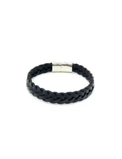 Fashion Pulsera trenzada plana piel negra cierre acero - 22cm Pulseras De Oro