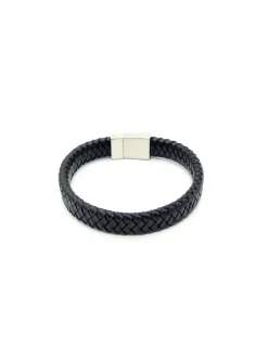 Hot Pulsera trenzada plana piel negra cierre acero ancho - 22cm Pulseras De Oro
