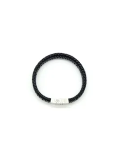 Hot Pulsera trenzada plana piel negra cierre acero ancho - 22cm Pulseras De Oro