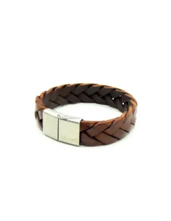 Store Pulsera trenzada plana piel marrón claro cierre acero - 20,50cm Pulseras De Oro